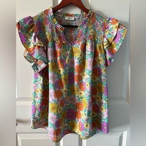 Umgee Floral Smocked Blouse Ruffle Sleeve Spring Office Top Small
